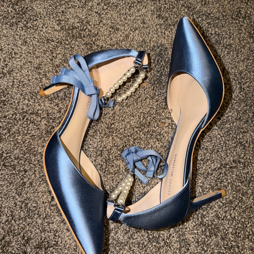 Stuart Weitzman Blue Satin Heels with Pearl Detail - Picture 2 of 4